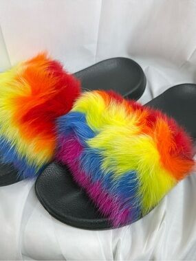 Crazy fun rainbow Mink fur slide sandals